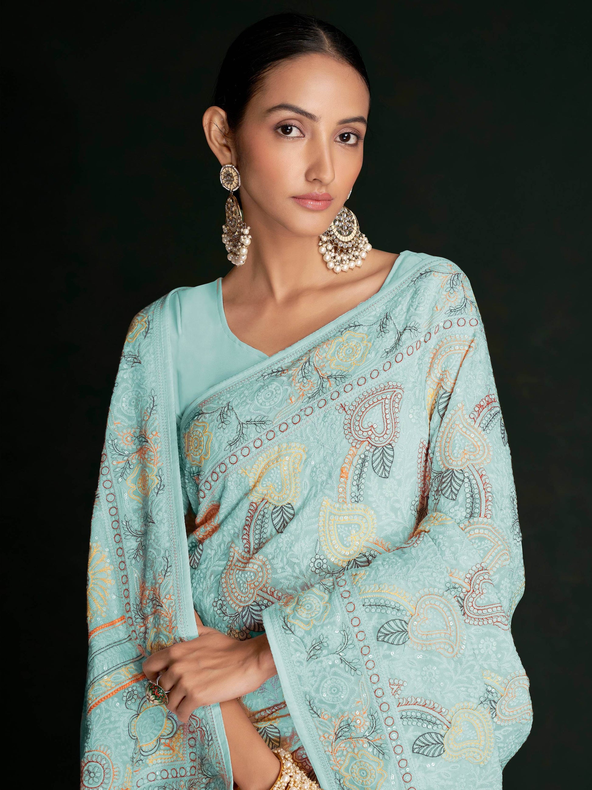 Awesome Turquoise Lucknowi Georgette Festival Wear Saree With Blouse - Zeel Clothing