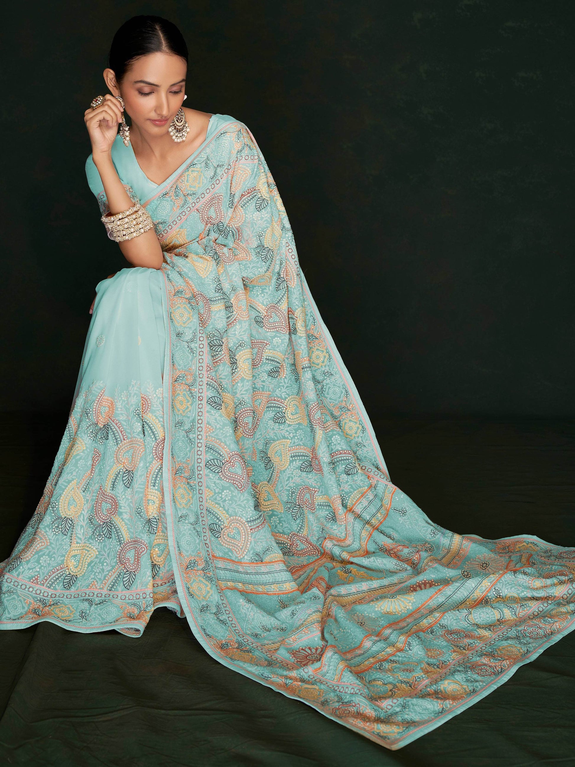 Awesome Turquoise Lucknowi Georgette Festival Wear Saree With Blouse - Zeel Clothing