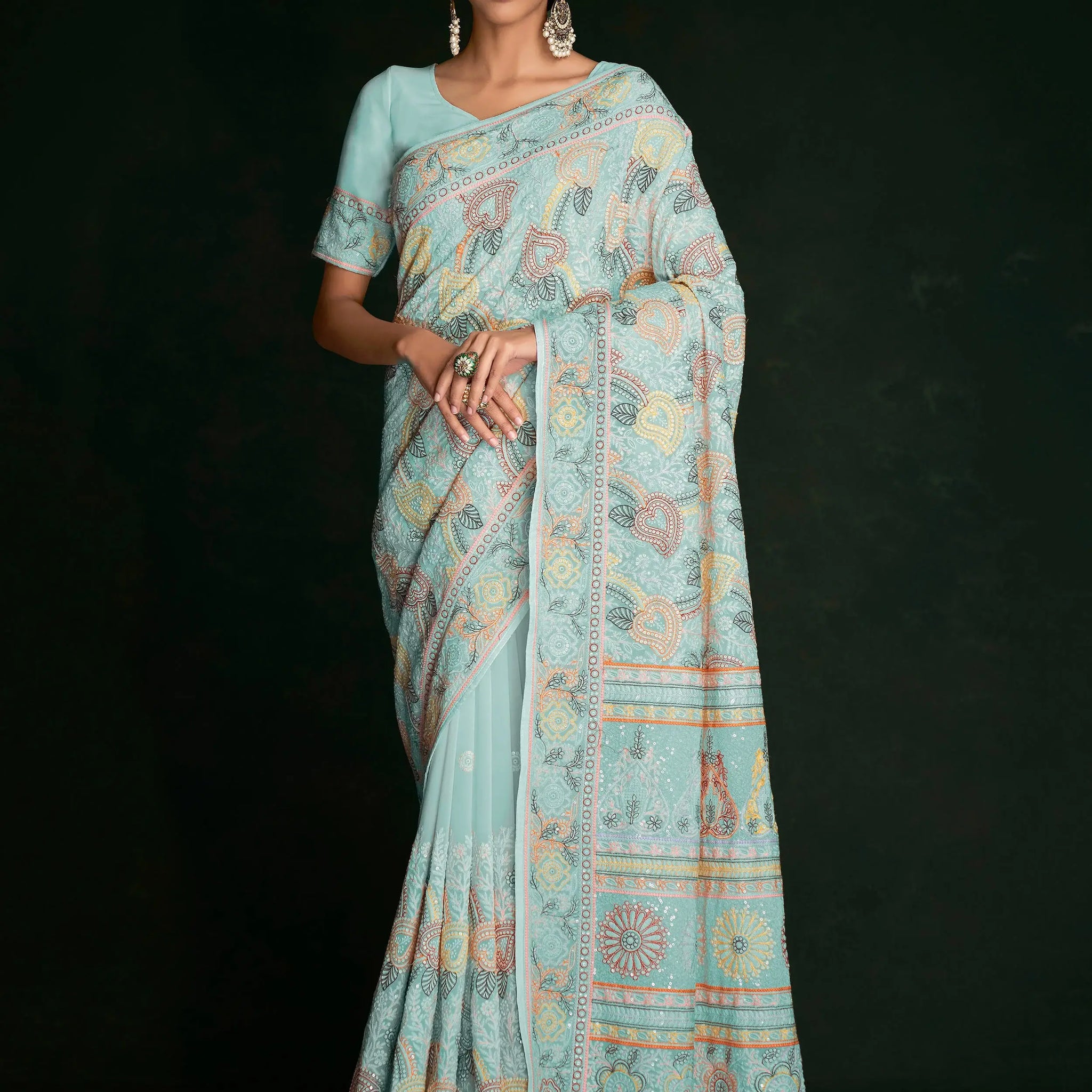 Awesome Turquoise Lucknowi Georgette Festival Wear Saree With Blouse - Zeel Clothing