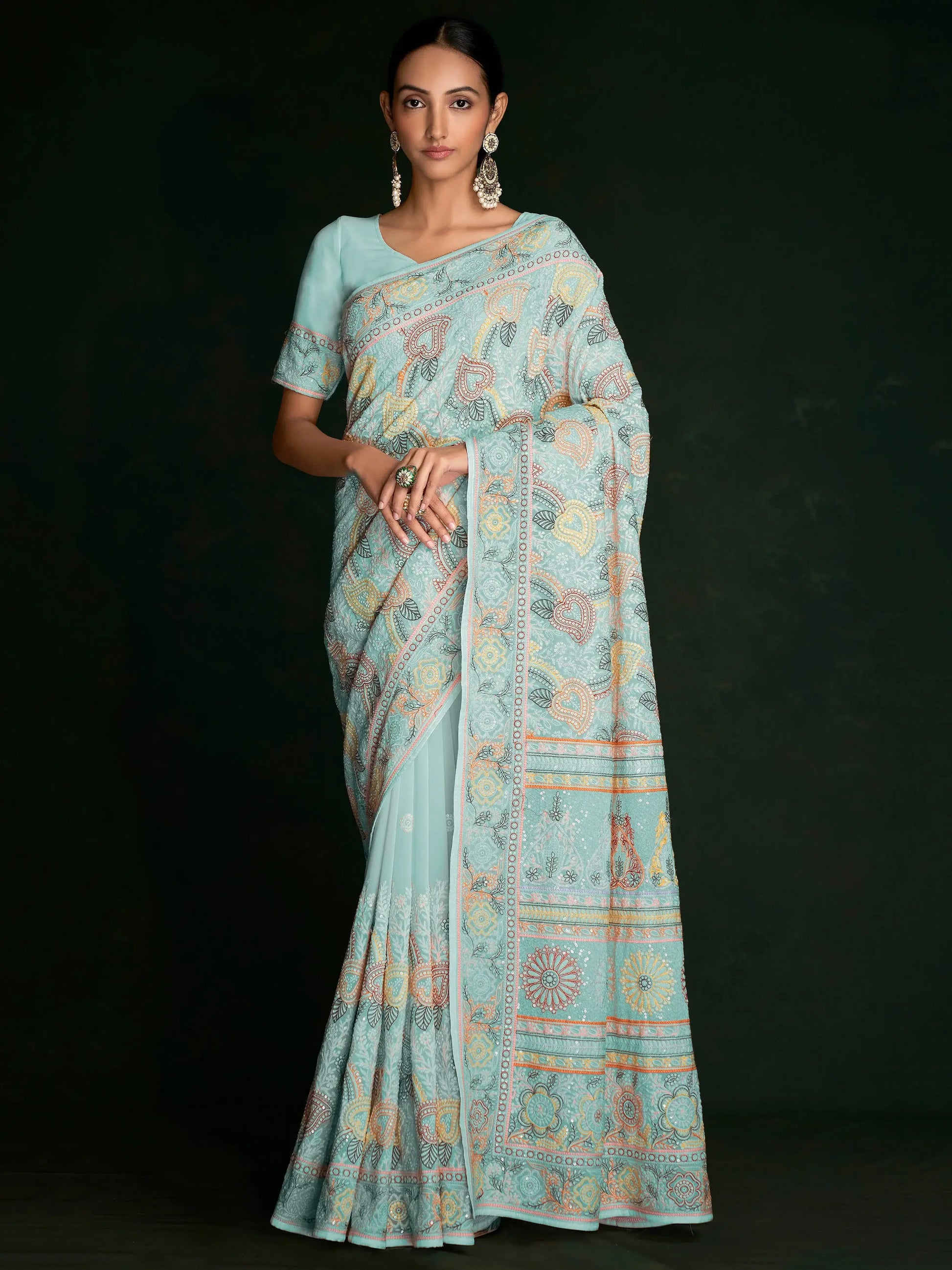 Awesome Turquoise Lucknowi Georgette Festival Wear Saree With Blouse - Zeel Clothing
