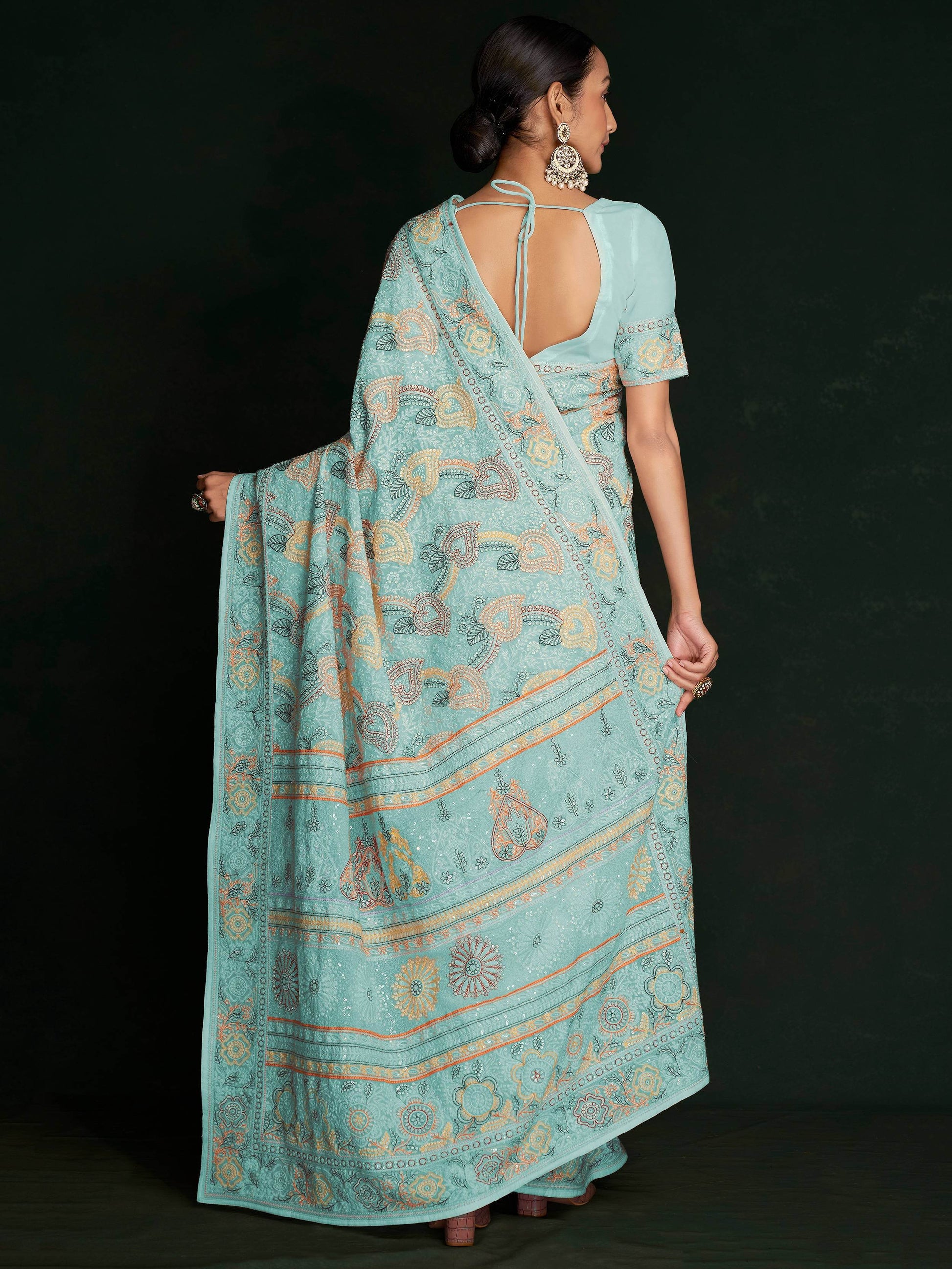 Awesome Turquoise Lucknowi Georgette Festival Wear Saree With Blouse - Zeel Clothing