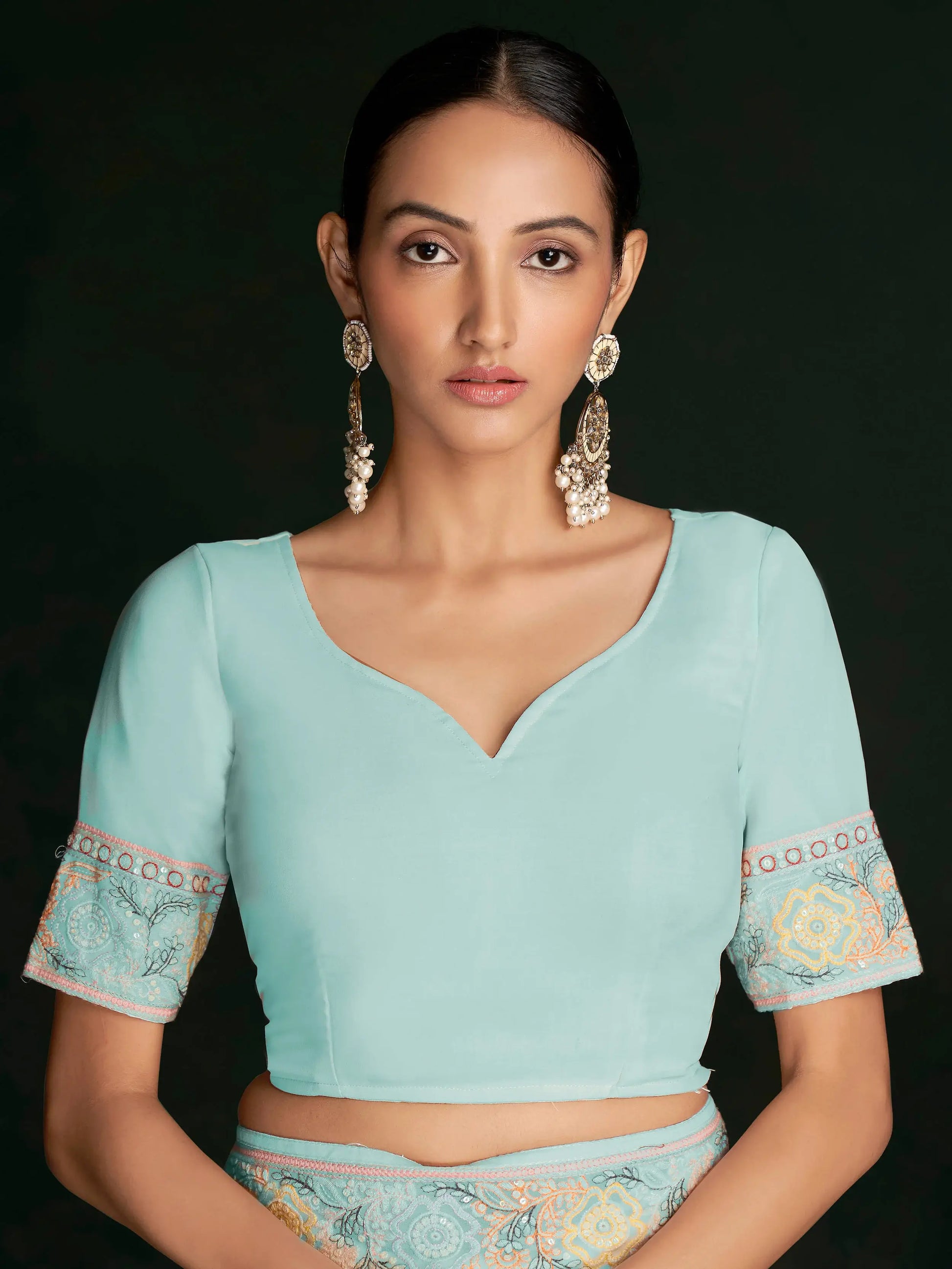Awesome Turquoise Lucknowi Georgette Festival Wear Saree With Blouse - Zeel Clothing