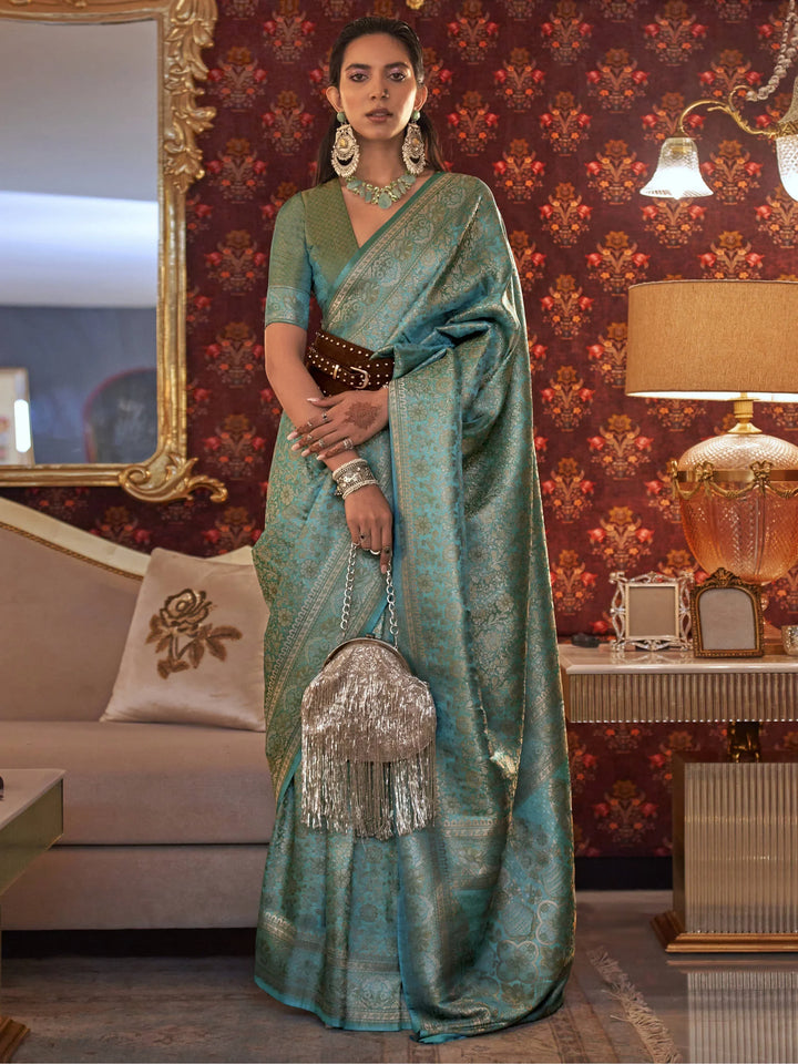 Awesome Turquoise Zari Woven Silk Festival Wear Saree With Blouse - Zeel Clothing