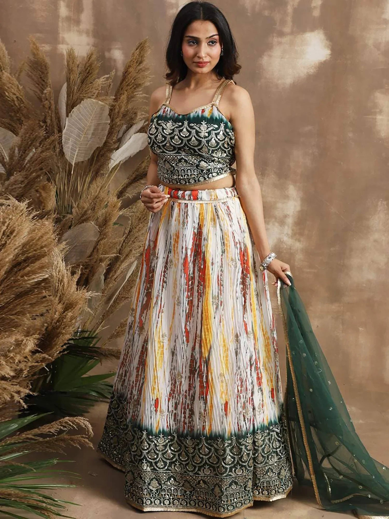 Awesome White & Green Sequins Chinon Events Wear Lehenga Choli - Zeel Clothing