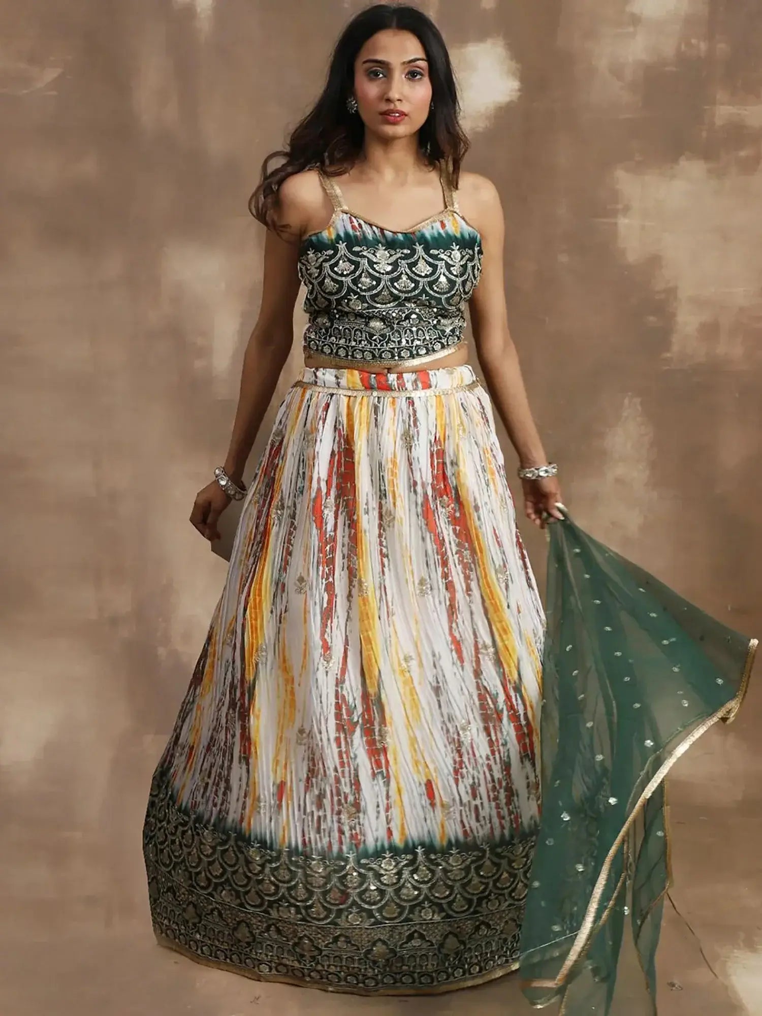 Awesome White & Green Sequins Chinon Events Wear Lehenga Choli - Zeel Clothing