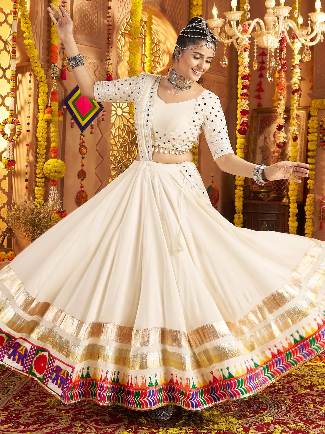 Awesome White Embroidered Rayon Navratri Special Lehenga Choli With Dupatta - Zeel Clothing