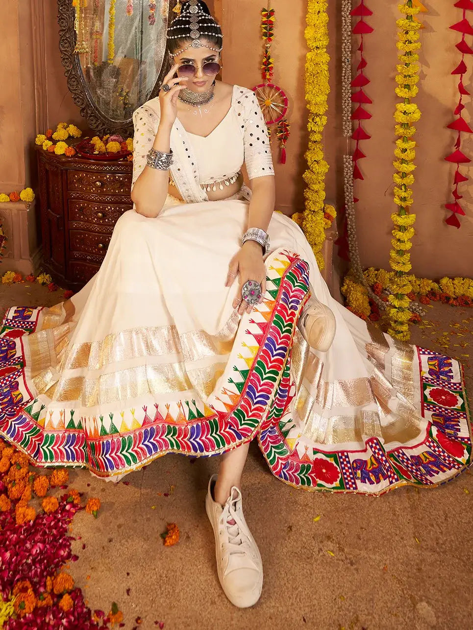 Awesome White Embroidered Rayon Navratri Special Lehenga Choli With Dupatta - Zeel Clothing