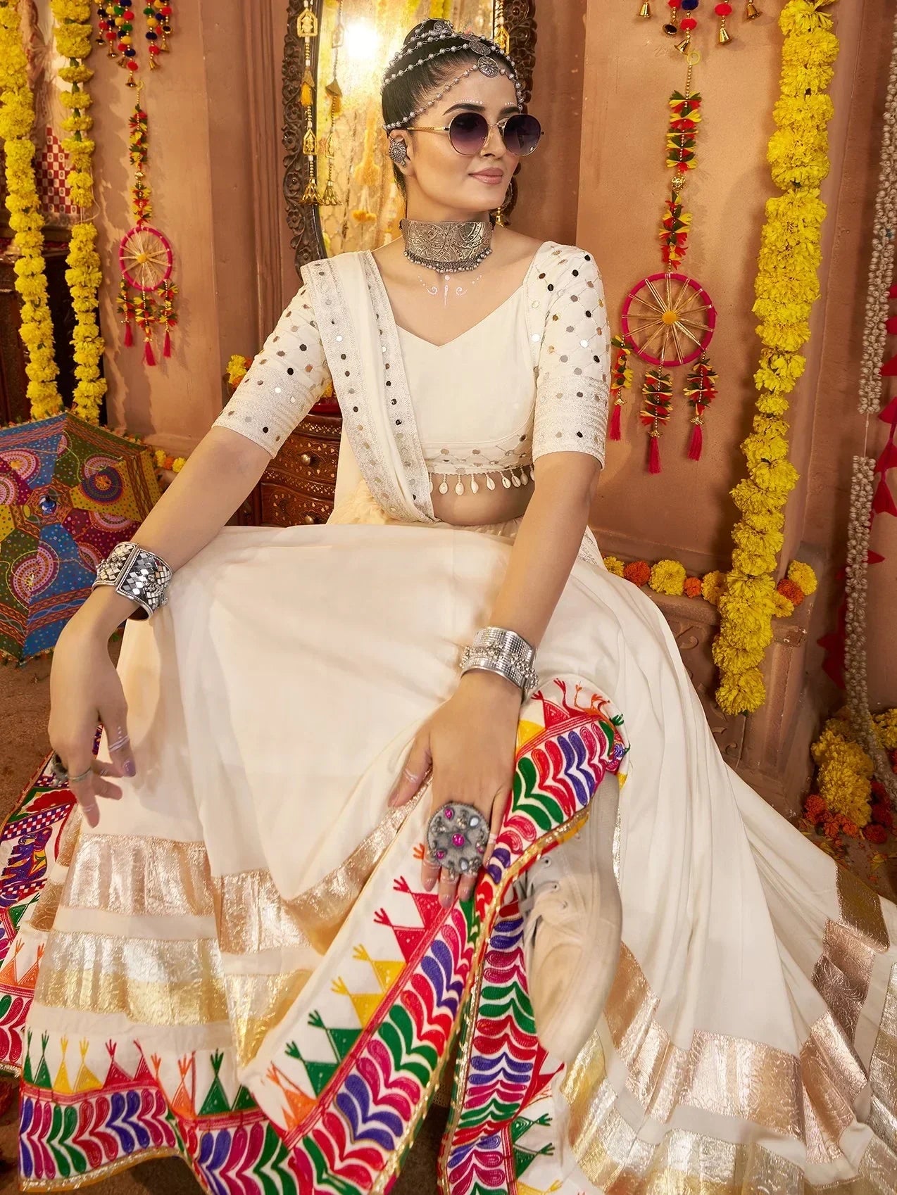 Awesome White Embroidered Rayon Navratri Special Lehenga Choli With Dupatta - Zeel Clothing