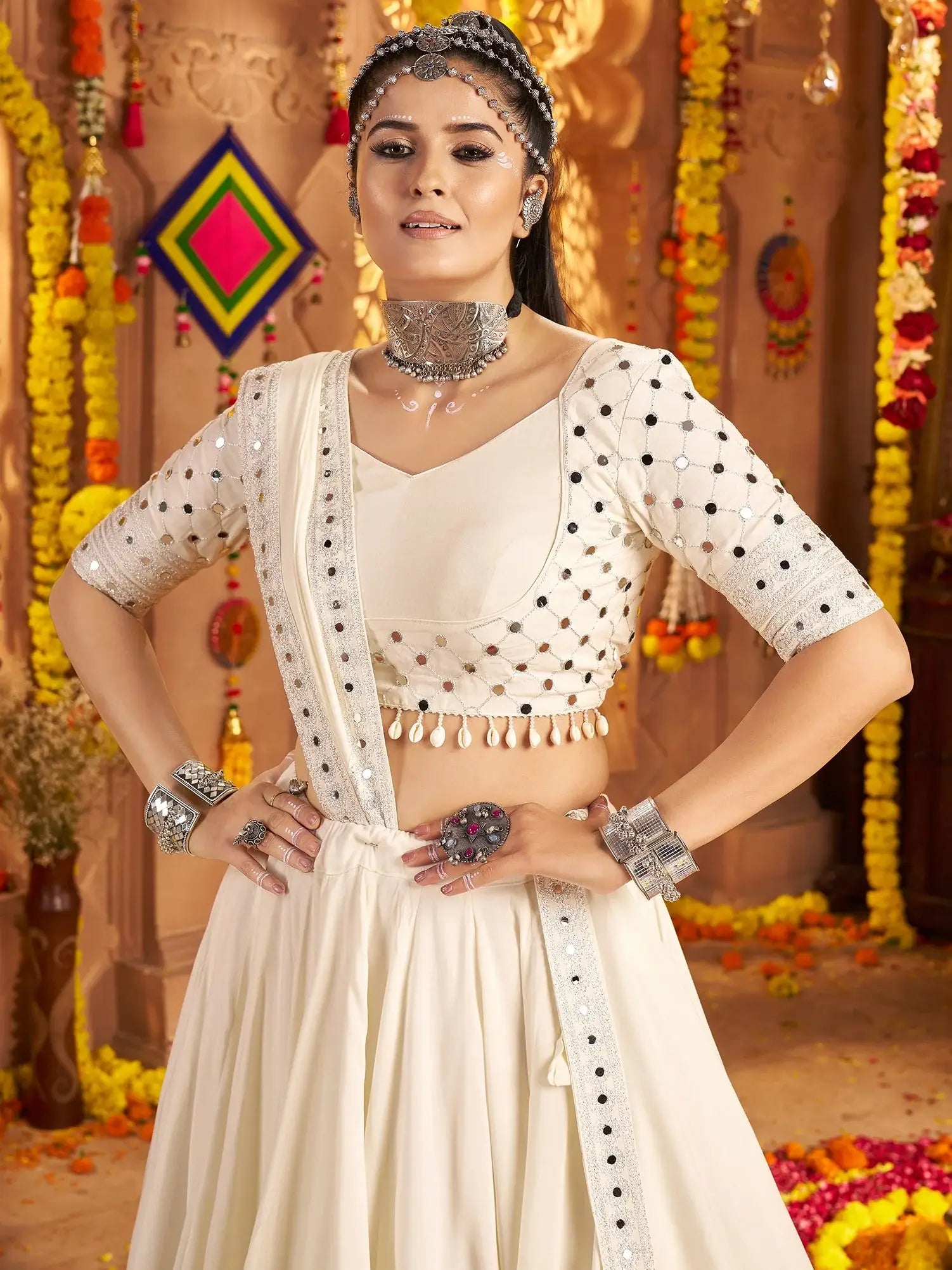 Awesome White Embroidered Rayon Navratri Special Lehenga Choli With Dupatta - Zeel Clothing
