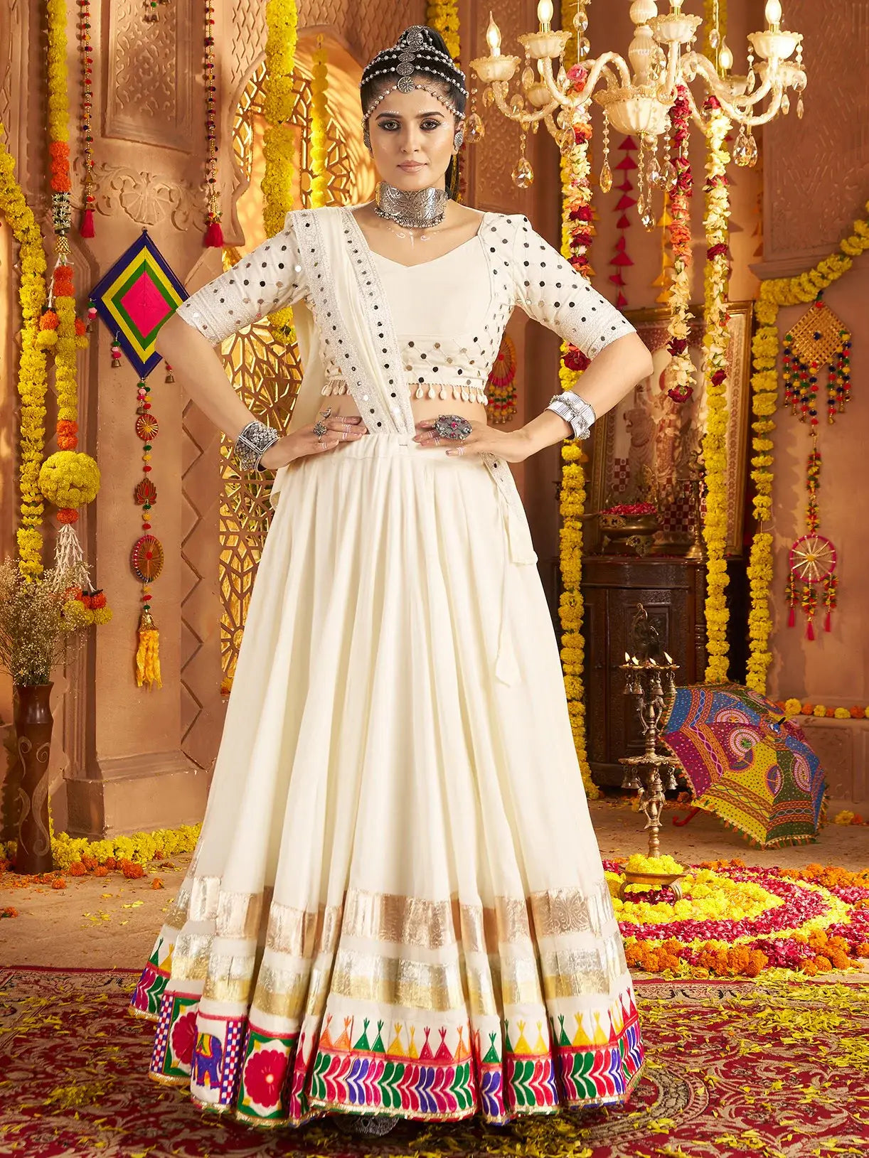 Awesome White Embroidered Rayon Navratri Special Lehenga Choli With Dupatta - Zeel Clothing