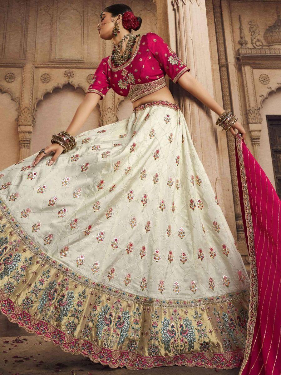 Awesome White Embroidered Viscose Silk Wedding Wear Lehenga Choli