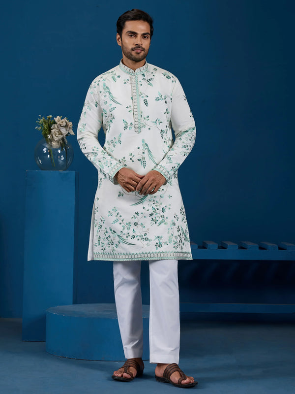 Awesome White Multi Thread Work Silk Festive Wear Men Kurta