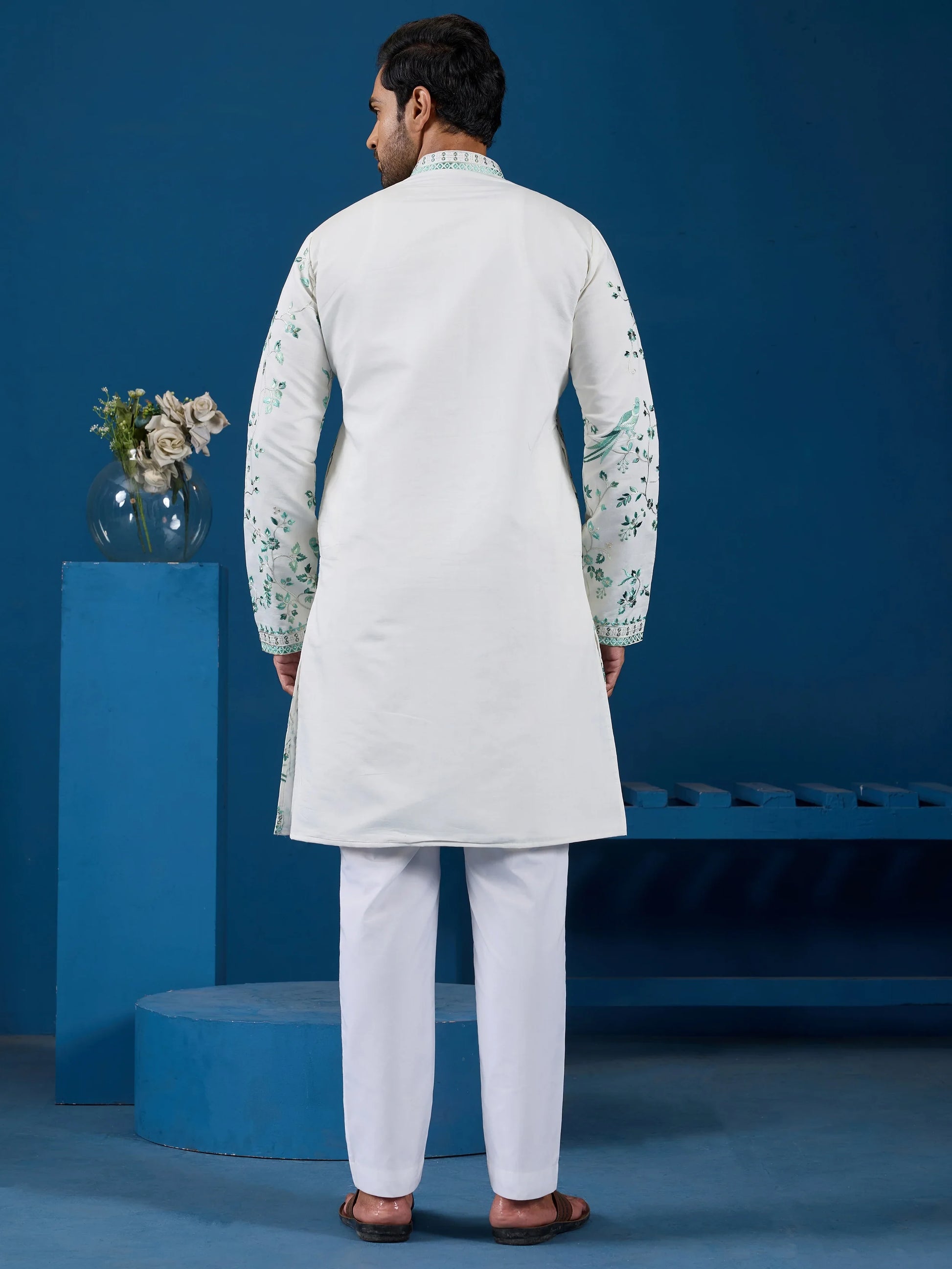 Awesome White Multi Thread Work Silk Festive Wear Men Kurta
