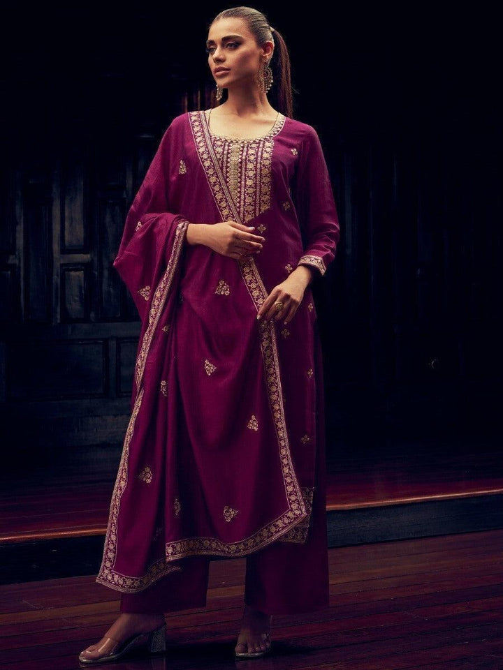 Awesome Wine Embroidered Silk Festive Wear Suit Pant With Dupatta