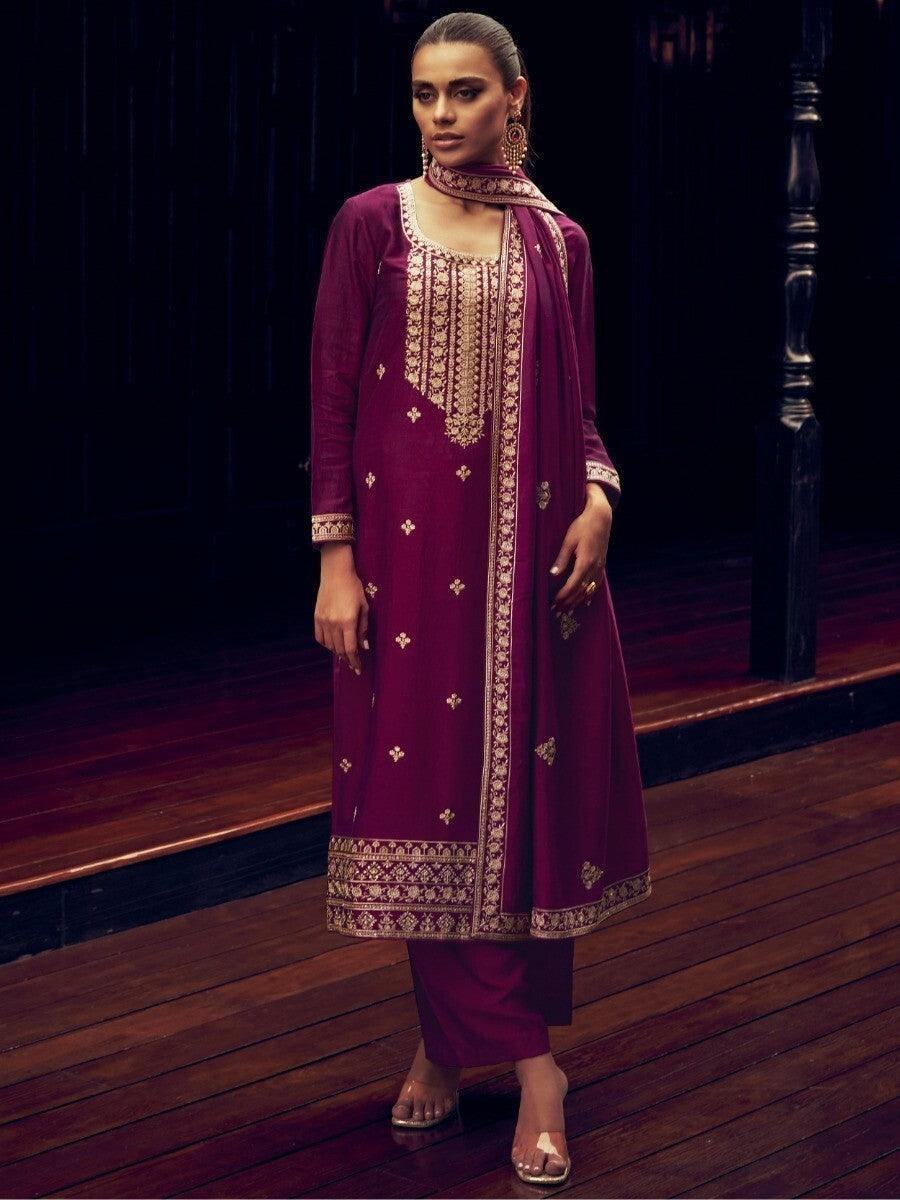 Awesome Wine Embroidered Silk Festive Wear Suit Pant With Dupatta