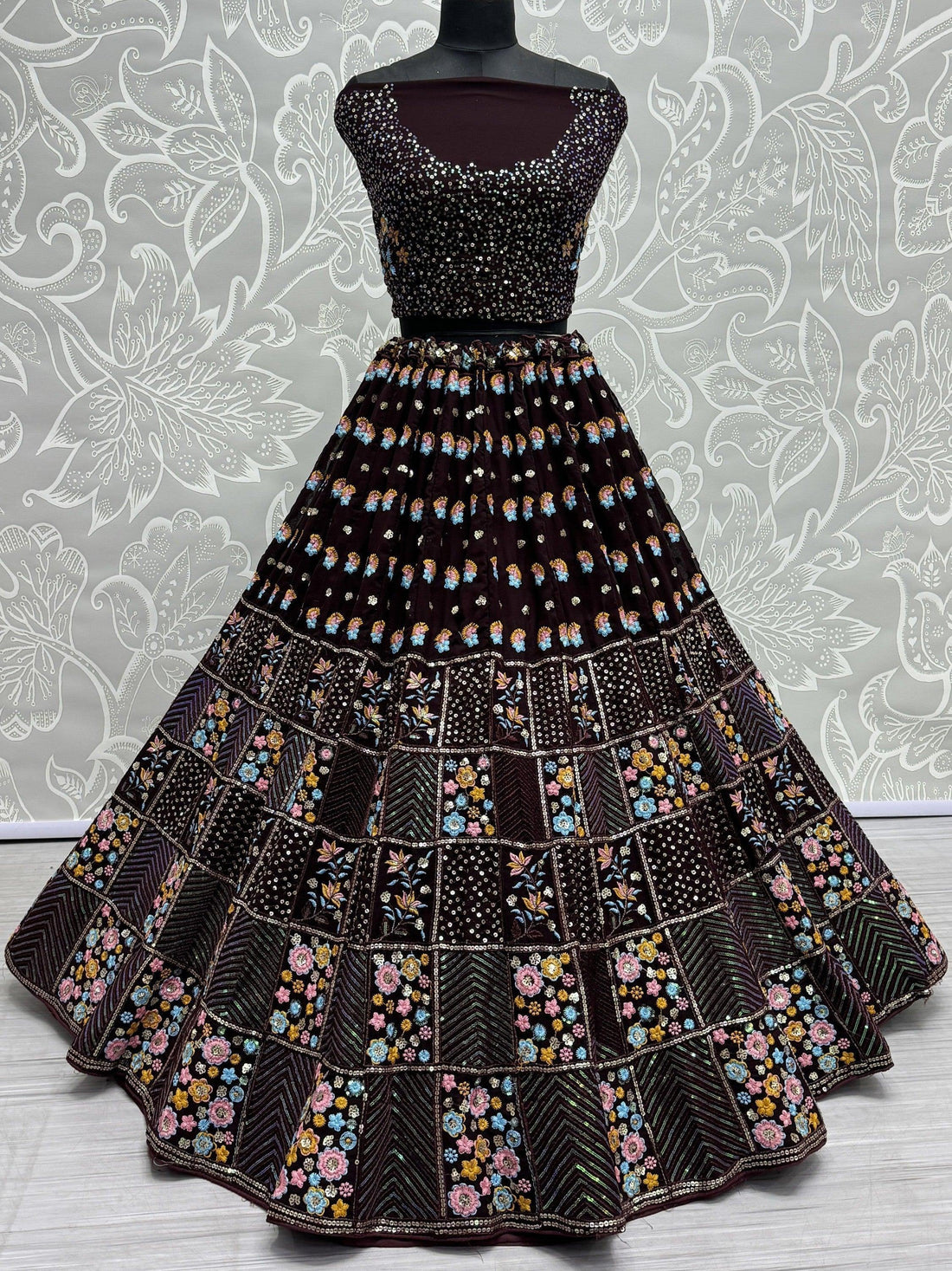Awesome Wine Multi-Thread Work Georgette Lehenga Choli With Dupatta