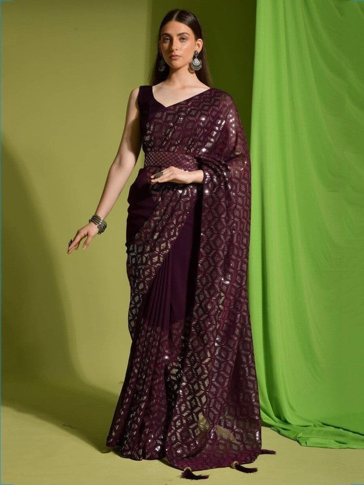 Awesome Wine Sequins Georgette Festive Wear Saree With Blouse
