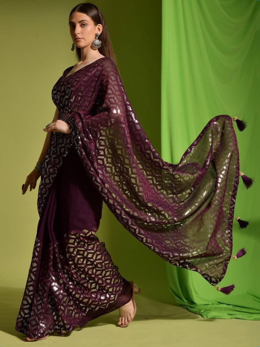Awesome Wine Sequins Georgette Festive Wear Saree With Blouse