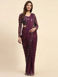 Awesome Wine Sequins Georgette Ready To Wear Saree With Blouse - Zeel Clothing