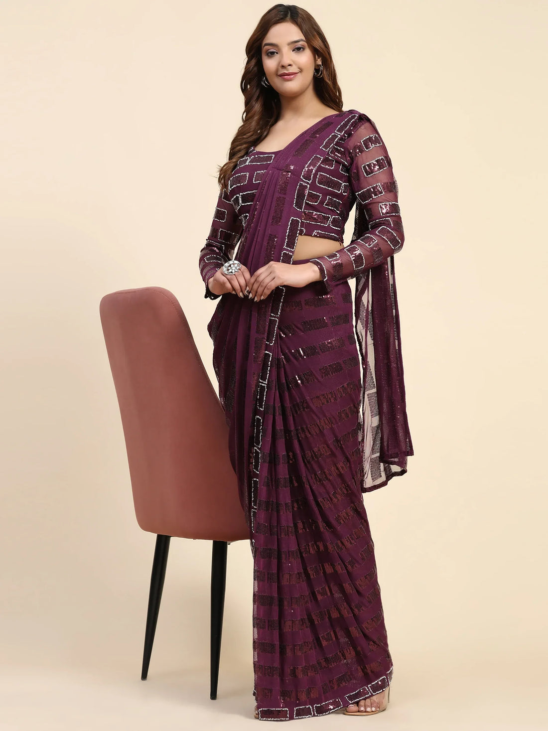 Awesome Wine Sequins Georgette Ready To Wear Saree With Blouse - Zeel Clothing