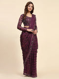 Awesome Wine Sequins Georgette Ready To Wear Saree With Blouse - Zeel Clothing
