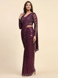 Awesome Wine Sequins Georgette Ready To Wear Saree With Blouse - Zeel Clothing
