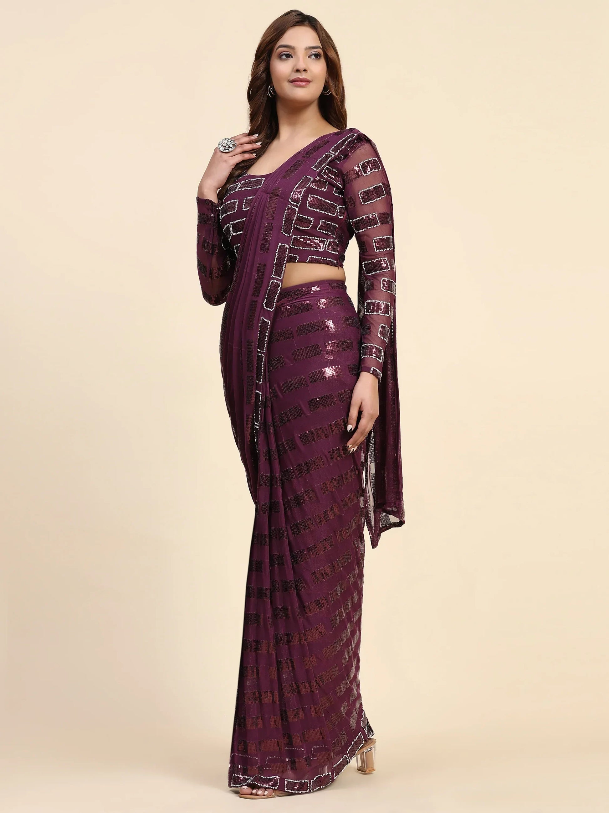Awesome Wine Sequins Georgette Ready To Wear Saree With Blouse - Zeel Clothing