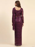 Awesome Wine Sequins Georgette Ready To Wear Saree With Blouse - Zeel Clothing
