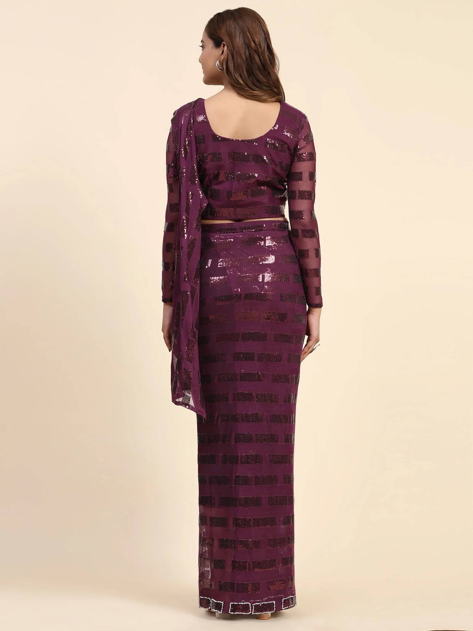 Awesome Wine Sequins Georgette Ready To Wear Saree With Blouse - Zeel Clothing