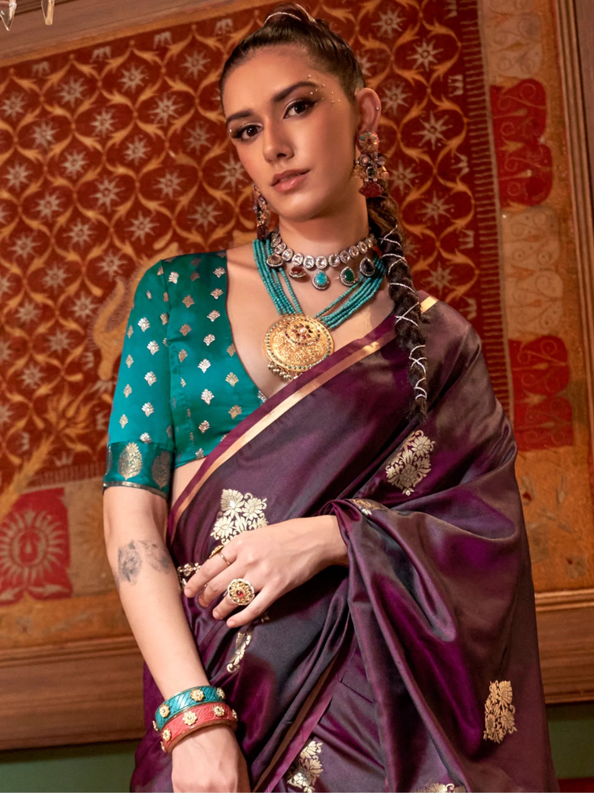 Awesome Wine Zari Weaving Satin Festival Wear Saree With Blouse - Zeel Clothing