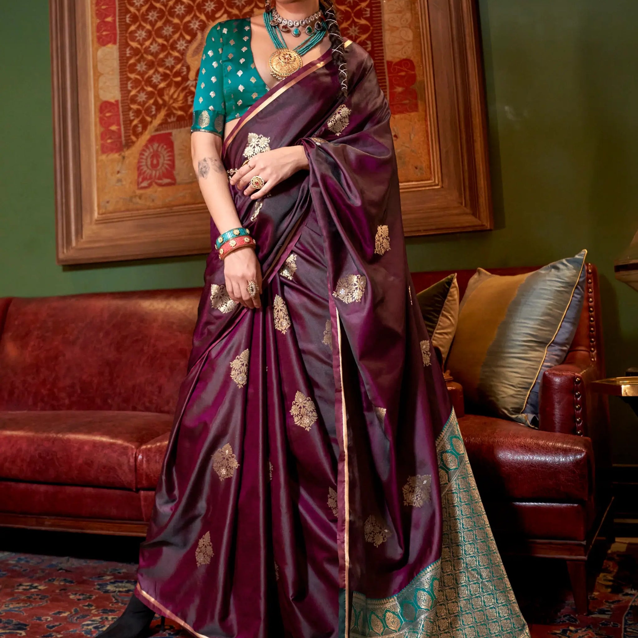 Awesome Wine Zari Weaving Satin Festival Wear Saree With Blouse - Zeel Clothing