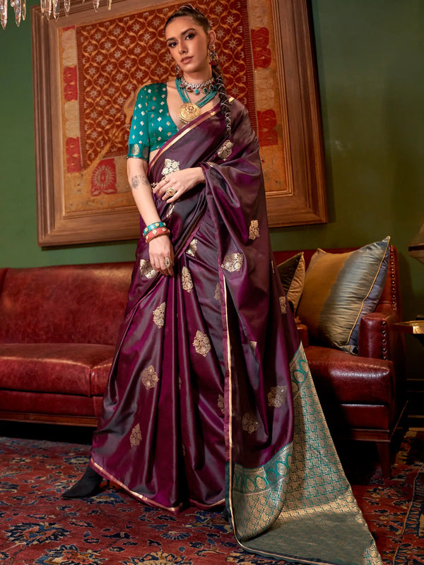 Awesome Wine Zari Weaving Satin Festival Wear Saree With Blouse - Zeel Clothing