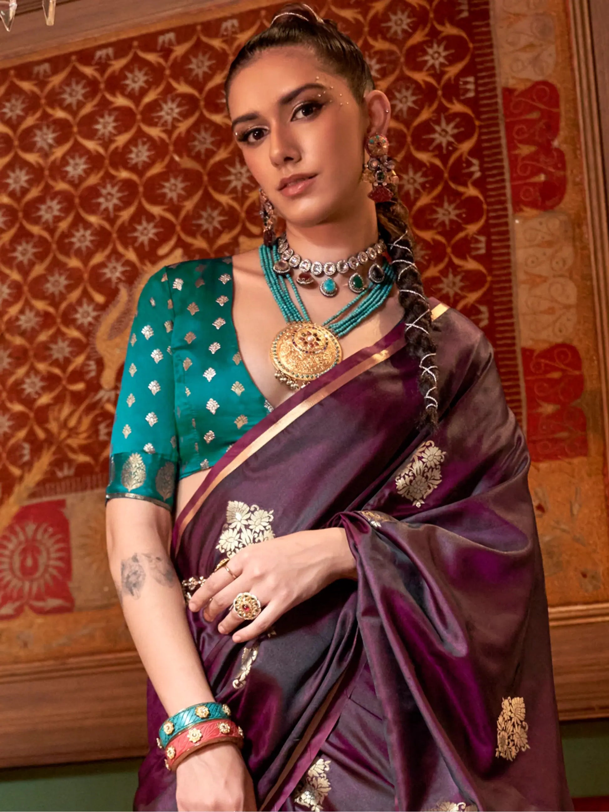 Awesome Wine Zari Weaving Satin Festival Wear Saree With Blouse - Zeel Clothing
