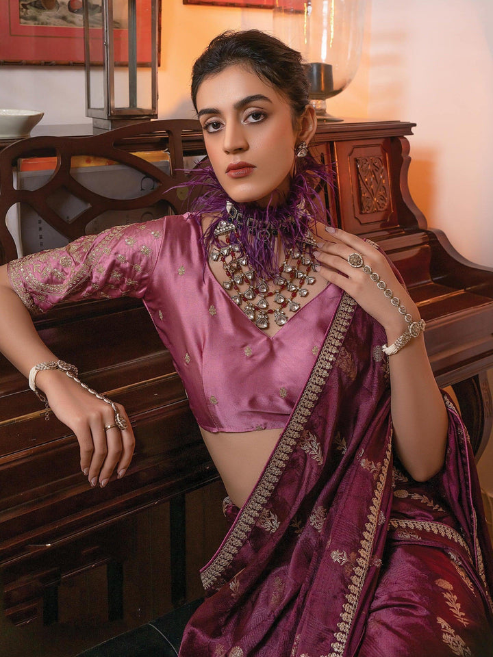 Awesome Wine Zari Weaving Satin Reception Wear Saree With Blouse