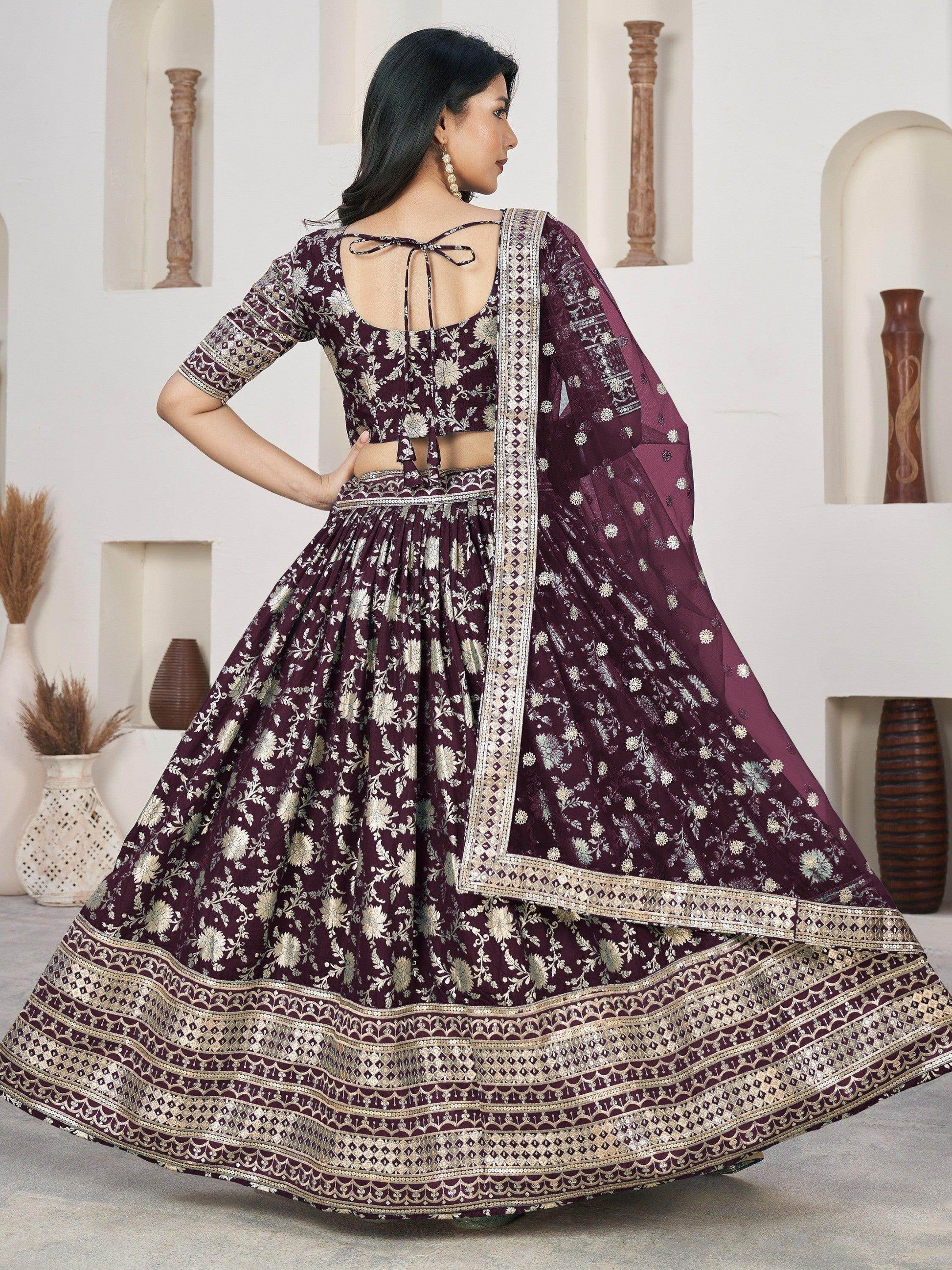 Awesome Wine Zari Work Jacquard Lehenga Choli With Dupatta - Zeel Clothing