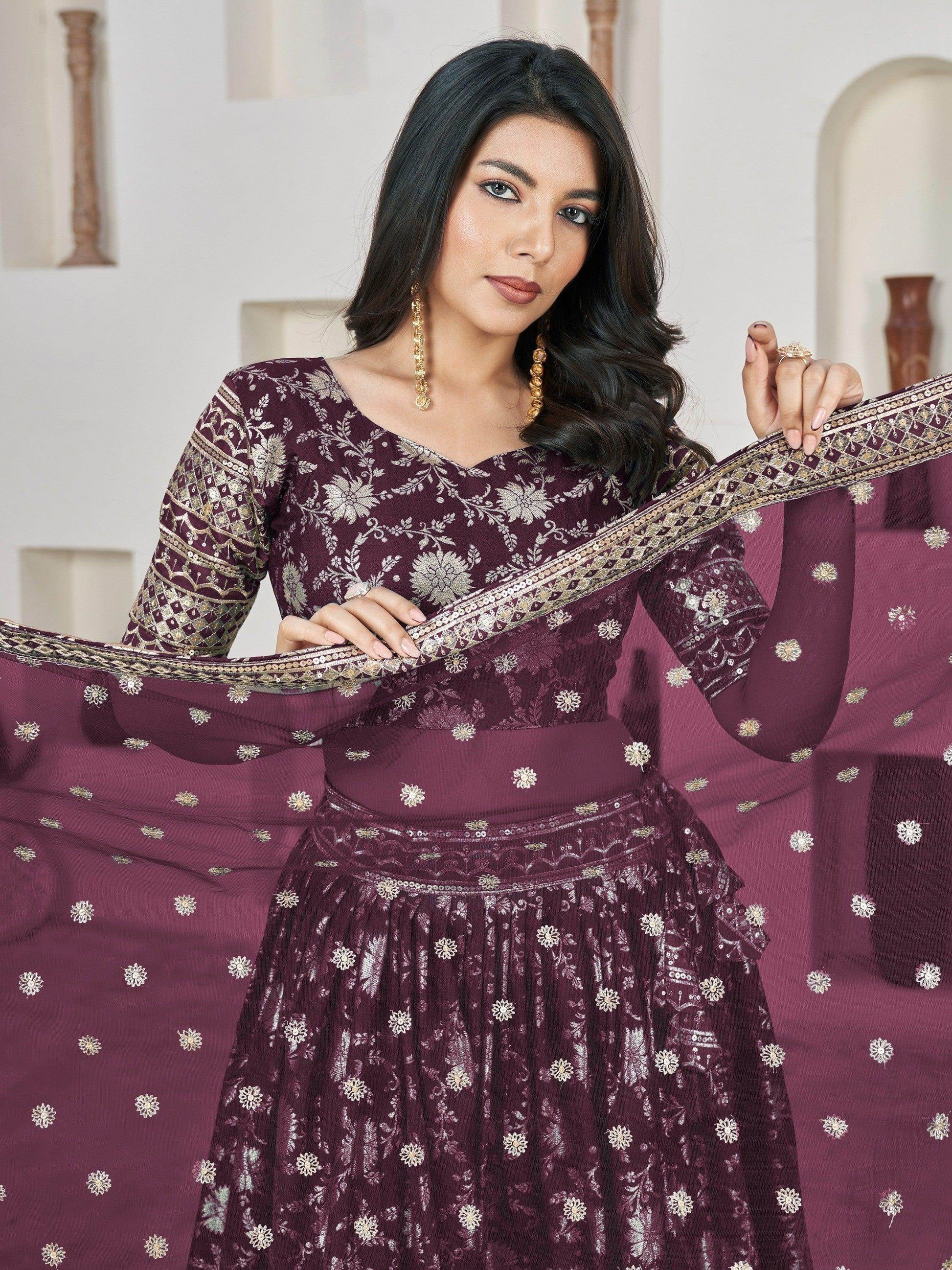 Awesome Wine Zari Work Jacquard Lehenga Choli With Dupatta - Zeel Clothing