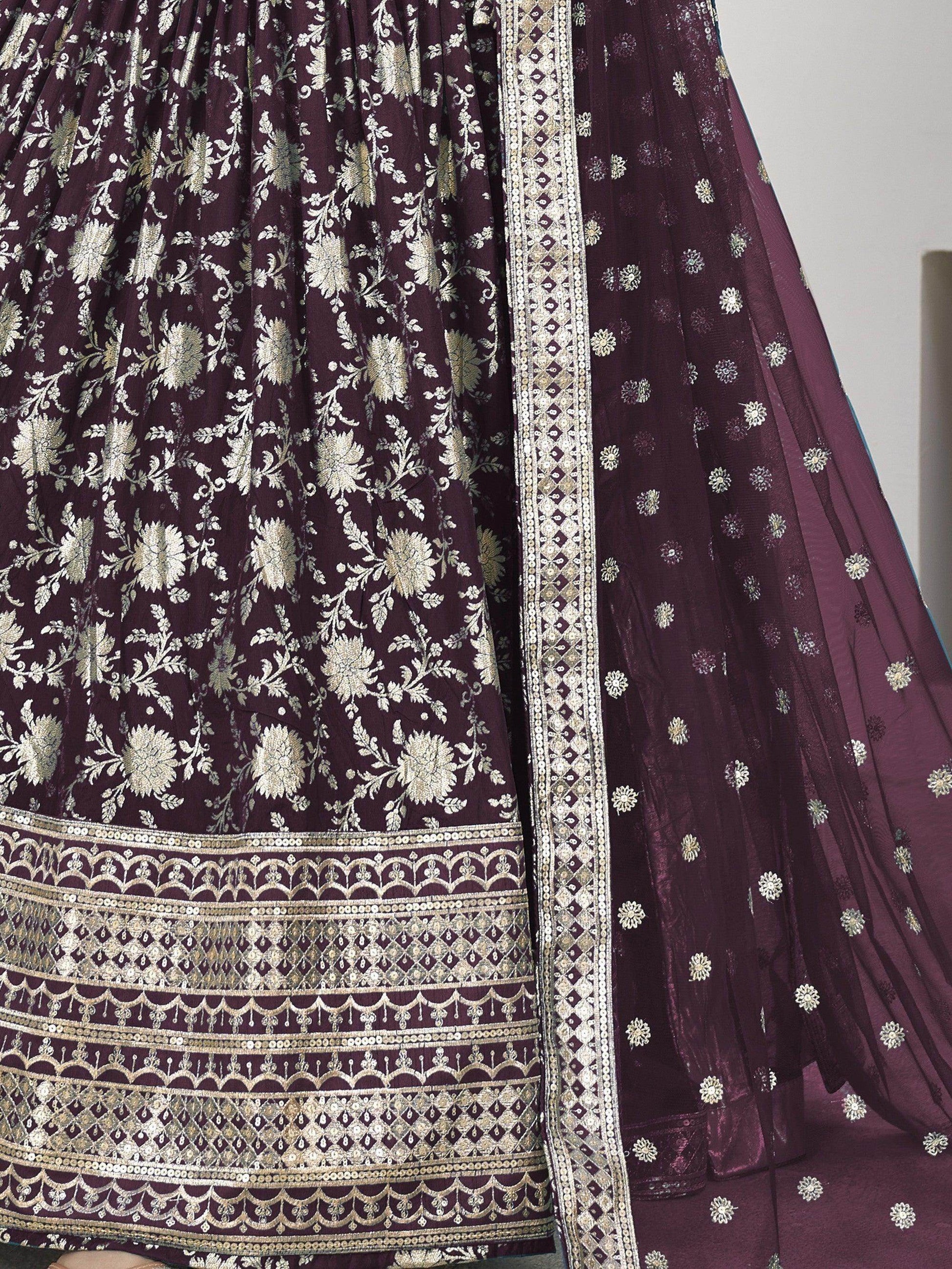 Awesome Wine Zari Work Jacquard Lehenga Choli With Dupatta - Zeel Clothing