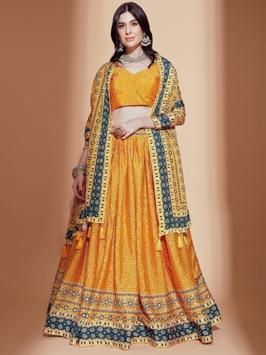 Awesome Yellow Digital Print Chinon Haldi Wear Lehenga Choli