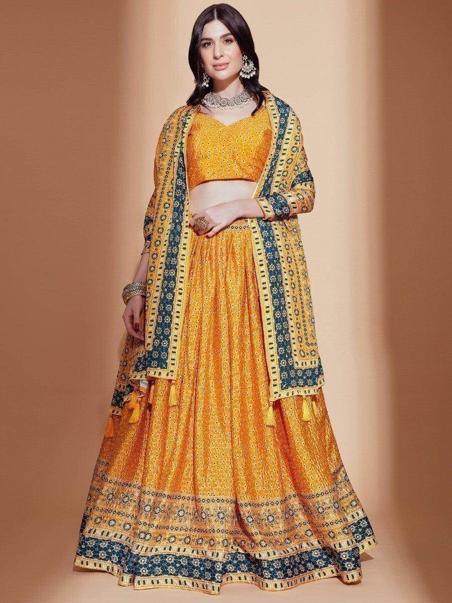 Awesome Yellow Digital Print Chinon Haldi Wear Lehenga Choli - Zeel Clothing