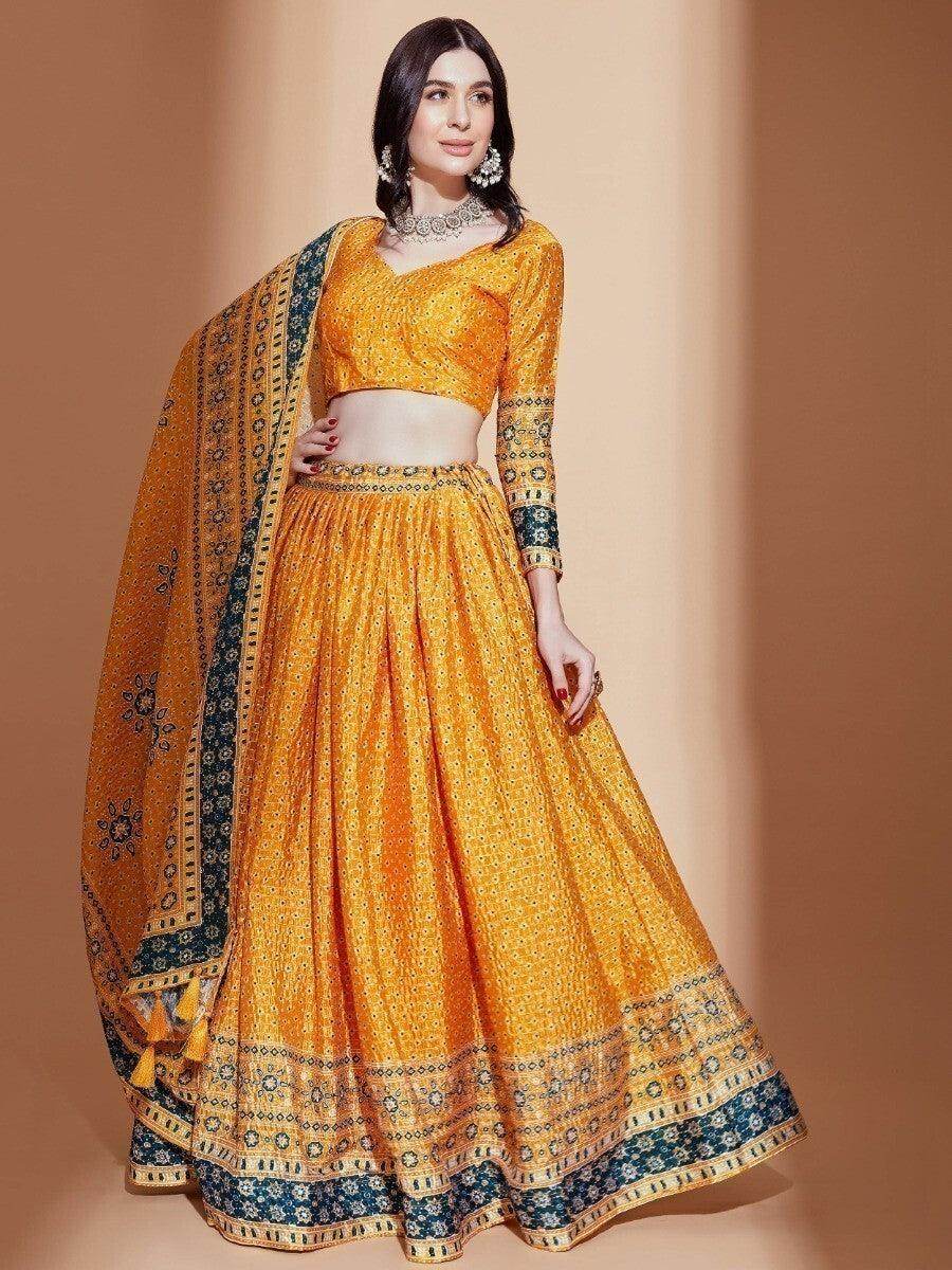 Awesome Yellow Digital Print Chinon Haldi Wear Lehenga Choli - Zeel Clothing