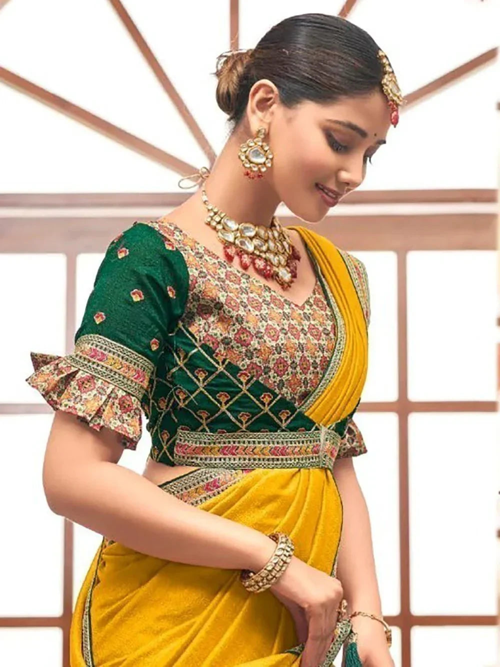 Awesome Yellow Embroidered Border Vichitra Silk Haldi Wear Saree