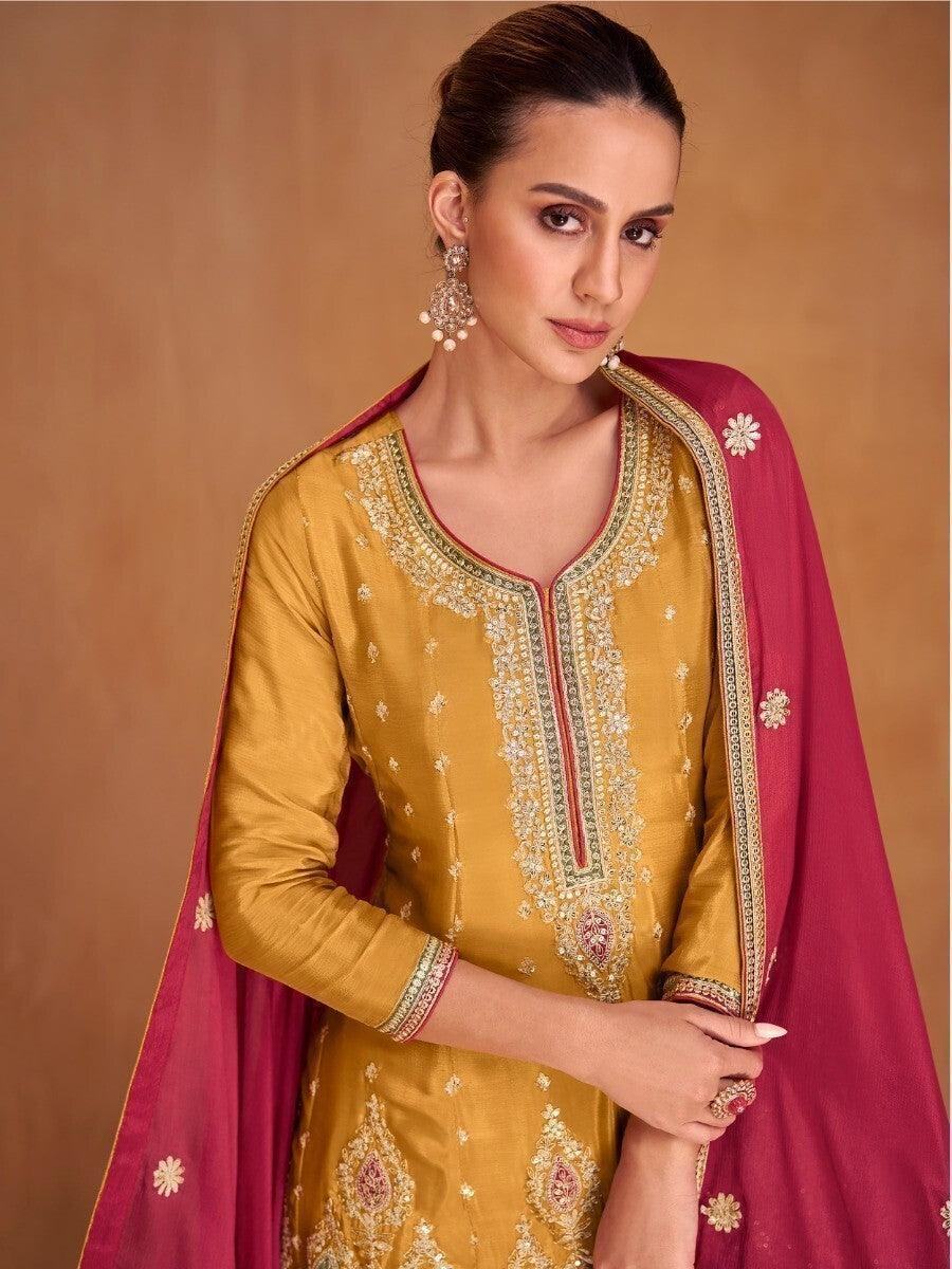 Awesome Yellow Embroidered Chinon Designer Palazzo Suits