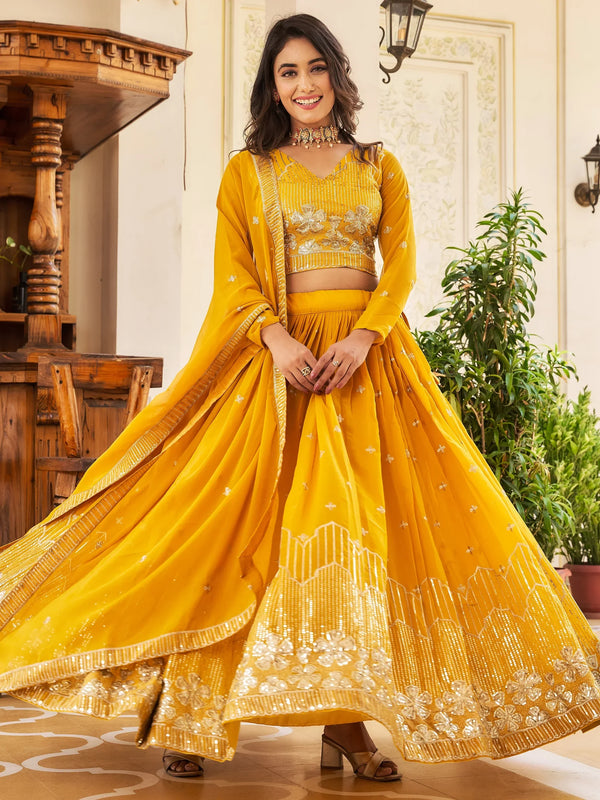 Awesome Yellow Embroidered Georgette Lehenga Choli With Dupatta - Zeel Clothing