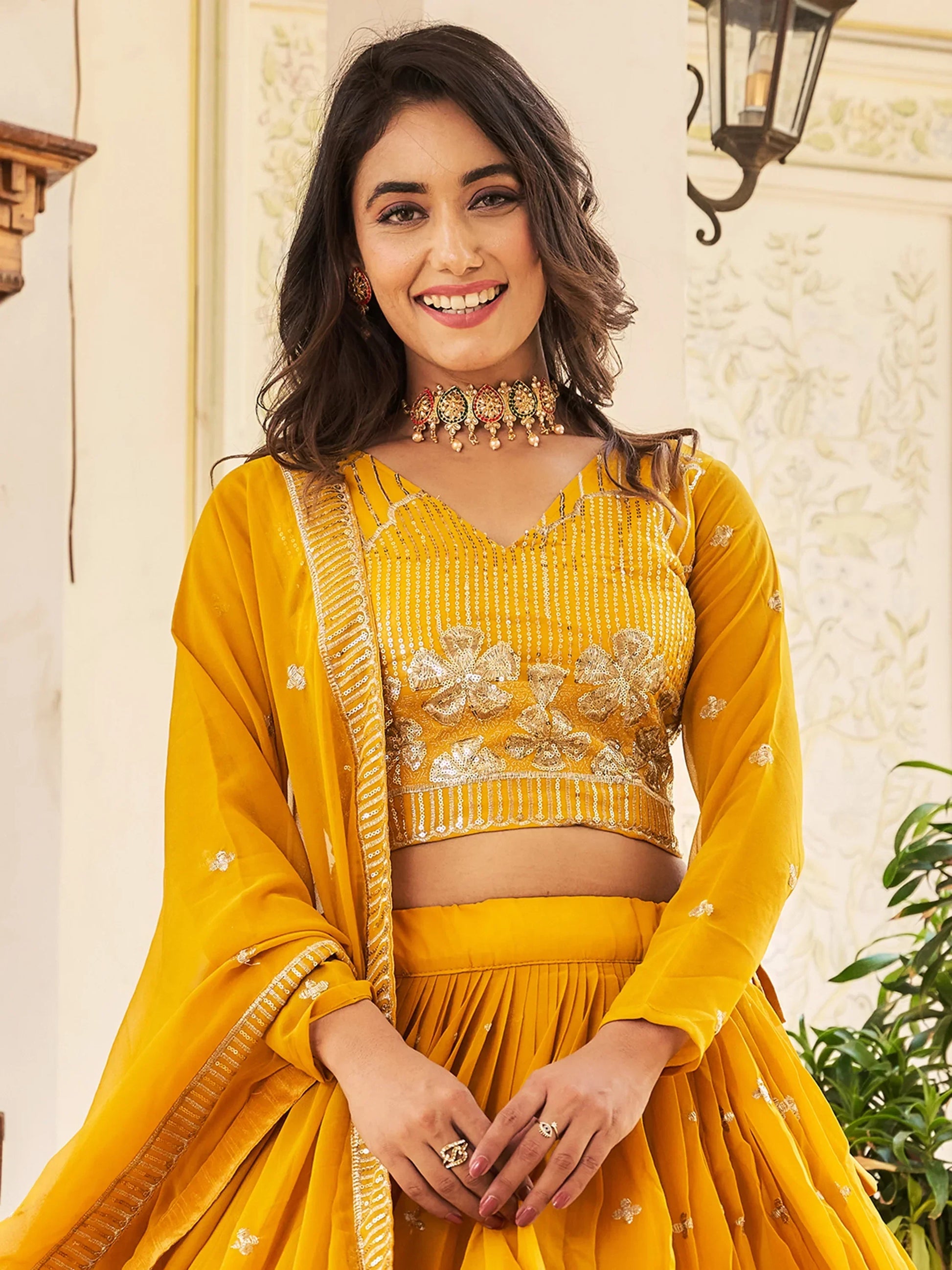 Awesome Yellow Embroidered Georgette Lehenga Choli With Dupatta - Zeel Clothing