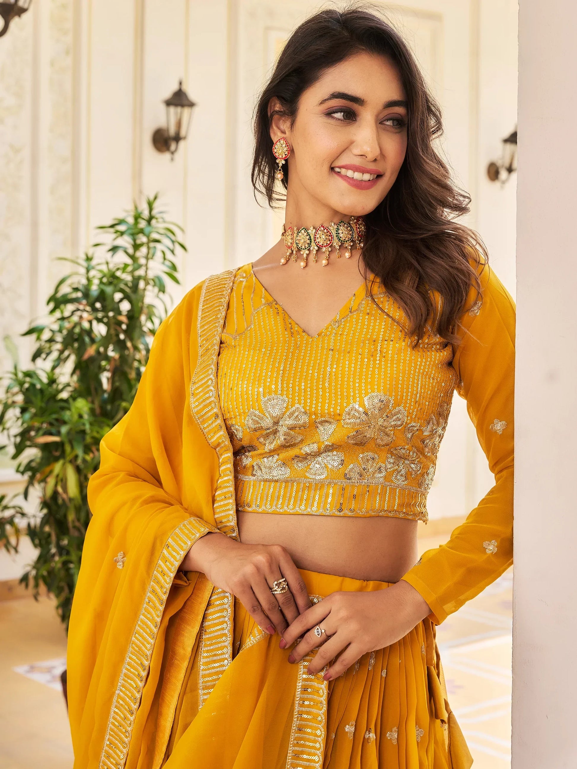 Awesome Yellow Embroidered Georgette Lehenga Choli With Dupatta - Zeel Clothing