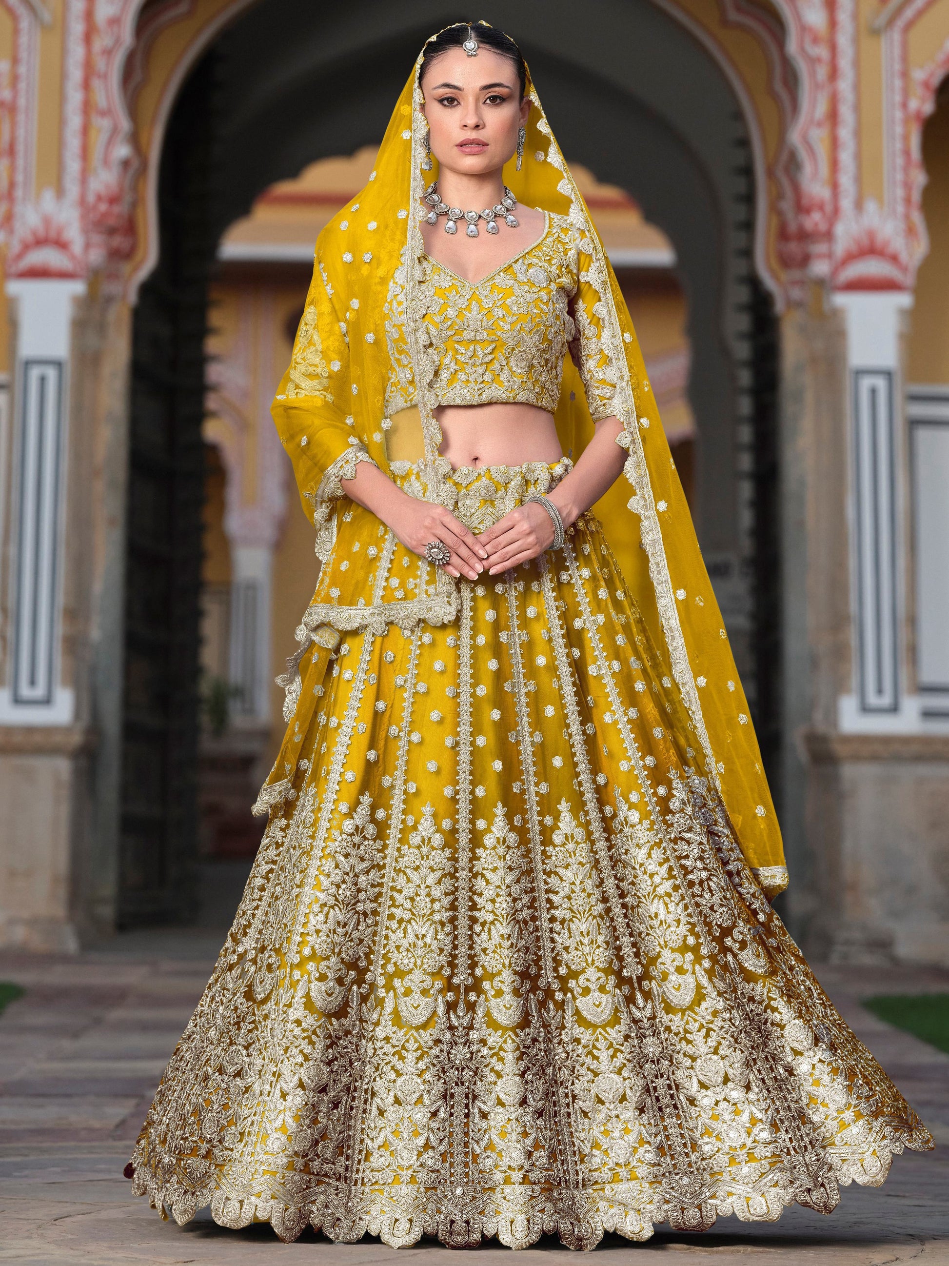 Awesome Yellow Embroidered Net Haldi Wear Lehenga Choli With Dupatta