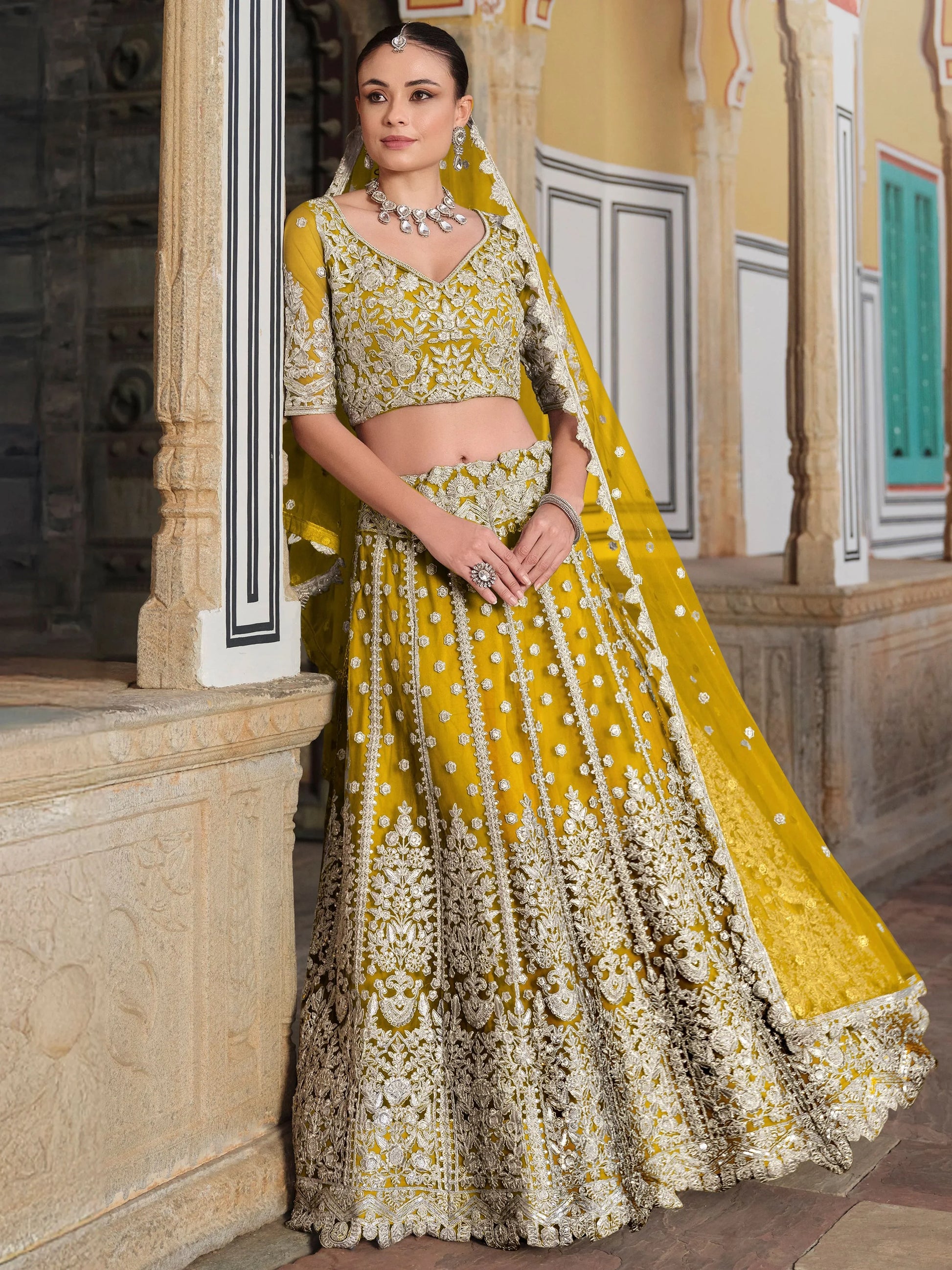 Awesome Yellow Embroidered Net Haldi Wear Lehenga Choli With Dupatta