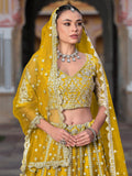 Awesome Yellow Embroidered Net Haldi Wear Lehenga Choli With Dupatta