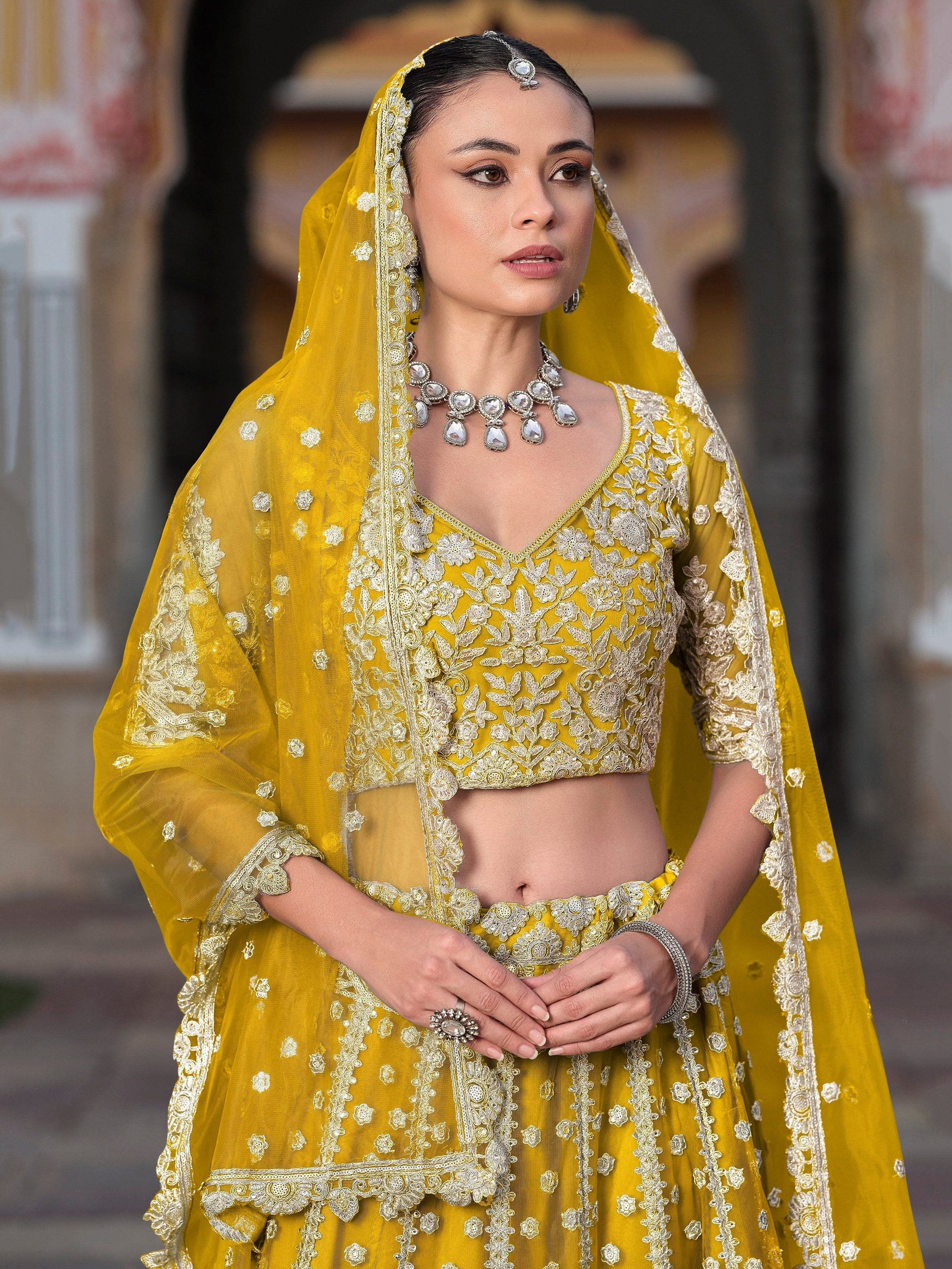 Awesome Yellow Embroidered Net Haldi Wear Lehenga Choli With Dupatta