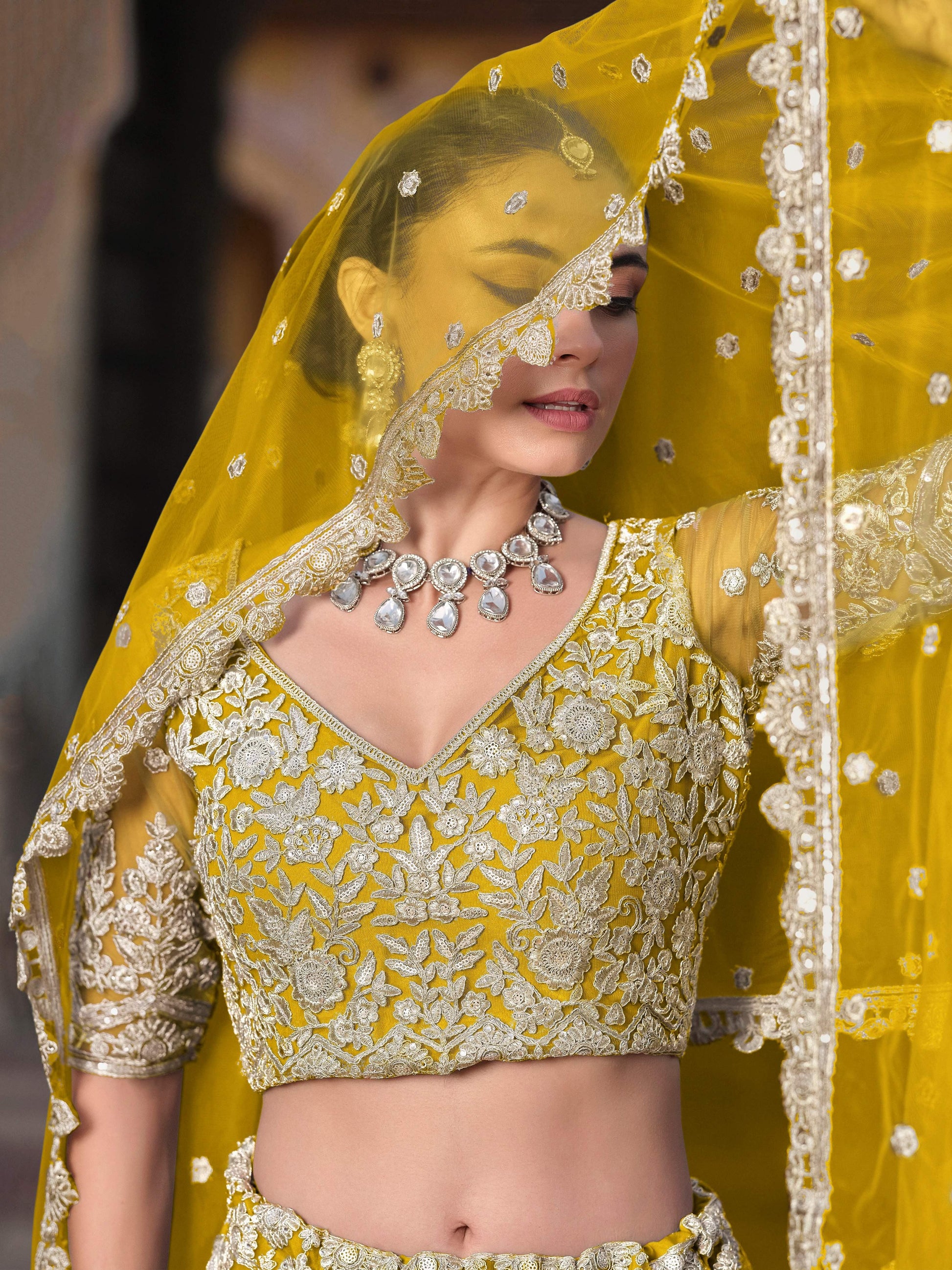 Awesome Yellow Embroidered Net Haldi Wear Lehenga Choli With Dupatta